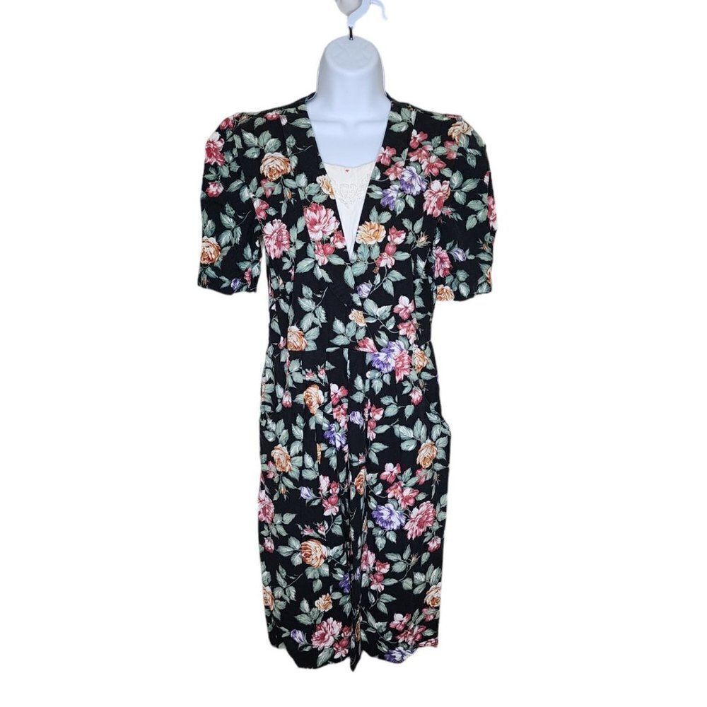 Vintage 80s Modest Shirt Dress Womens Size S Black Floral Church Pockets